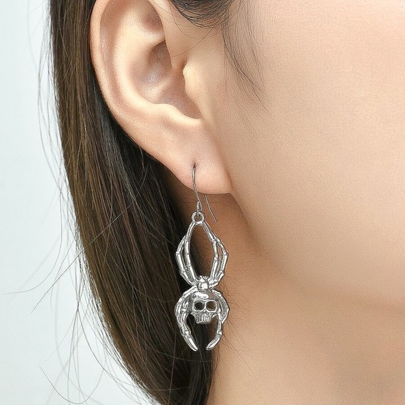Any 3/$25! Silver Skull Spider Drop Earrings - Picture 4 of 7